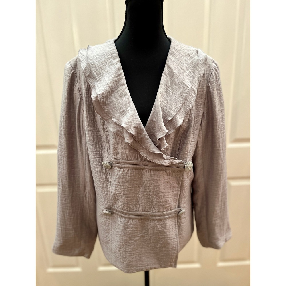 Karen Kein Vintage Ruffle Blazer Jacket 15/36 Metallic Silver Evening Coat
